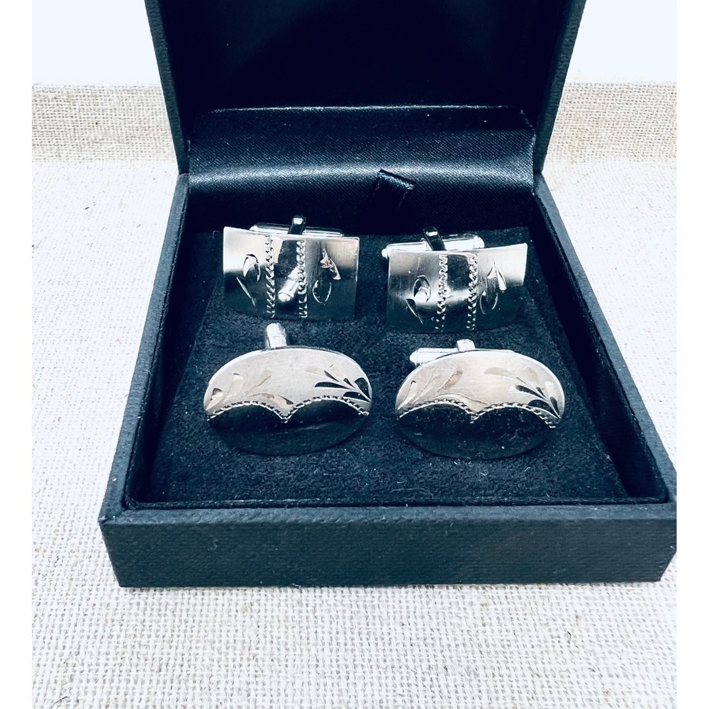 Vintage Flex-Let Sterling Silver Cufflink Set Oval Rectangular Etched Mens USA